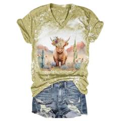 Highland Cow Chic Tie Dye V-Neck T-Shirt with Western Print